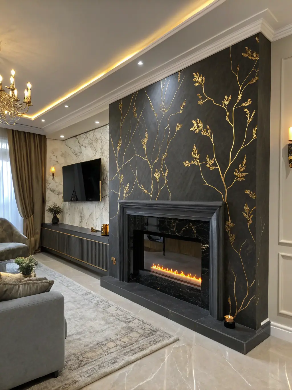 A modern fireplace featuring a dark, textured European finish with gold leaf accents, highlighting the elegance and warmth it brings to a living space.