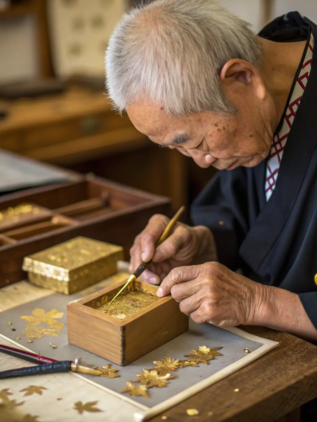 A craftsman applying a European wall finish with gold leaf accents to a wall, showcasing the meticulous process and attention to detail.