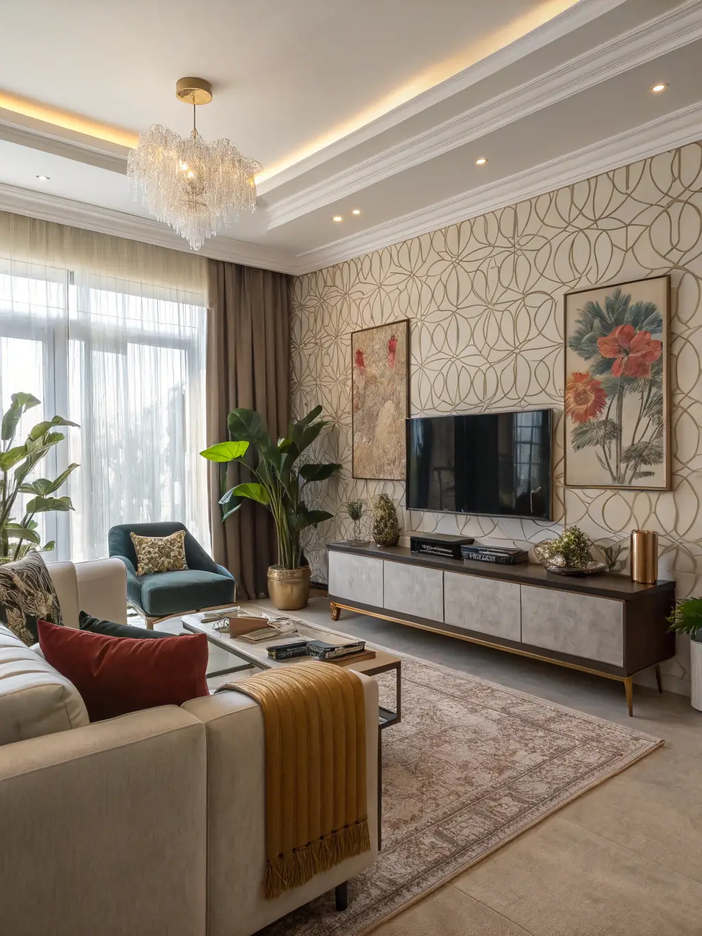 A panoramic view of an interior with a dark accent wall featuring European finishes and gold accents.