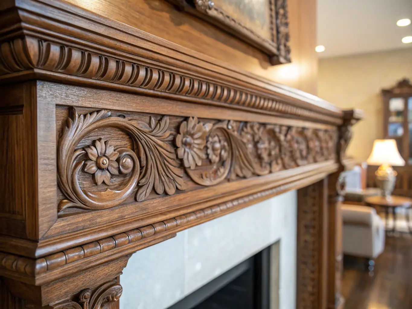 A luxurious fireplace featuring a dark gray European wall finish with subtle gold accents, creating a sophisticated and warm ambiance.